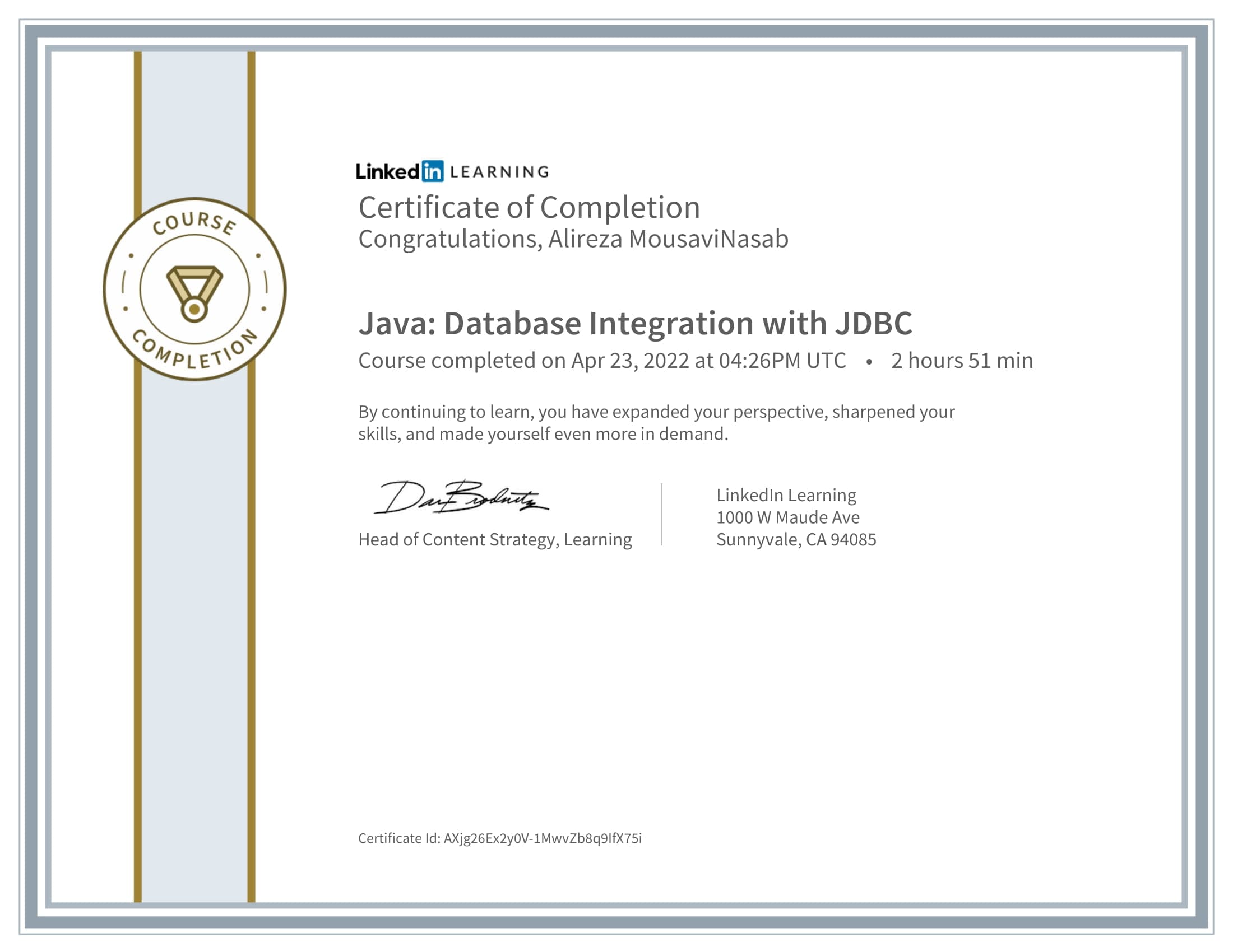 CertificateOfCompletion_Java Database Integration with JDBC